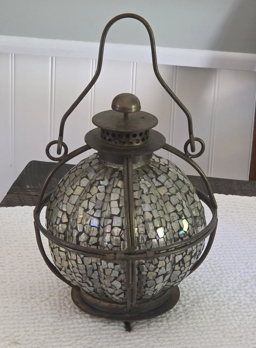 Caged Mosaic Glass Metal Lantern Footed Base Tea Light Pillar Candle Hanging